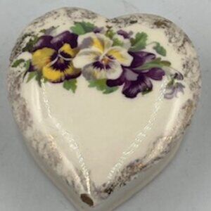 Vintage Heart Shaped Porcelain Box Hand painted Floral Trinket Box